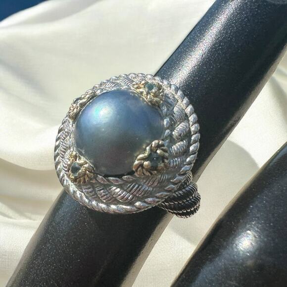 Judith Ripka 18K Gold and 925 Silver Gray Pearl and Aquamarine Cocktail Ring - Picture 3 of 13